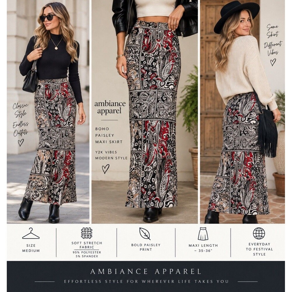 Ambiance Apparel Paisley Patchwork Maxi Skirt M Y2K Style Boho Stretch